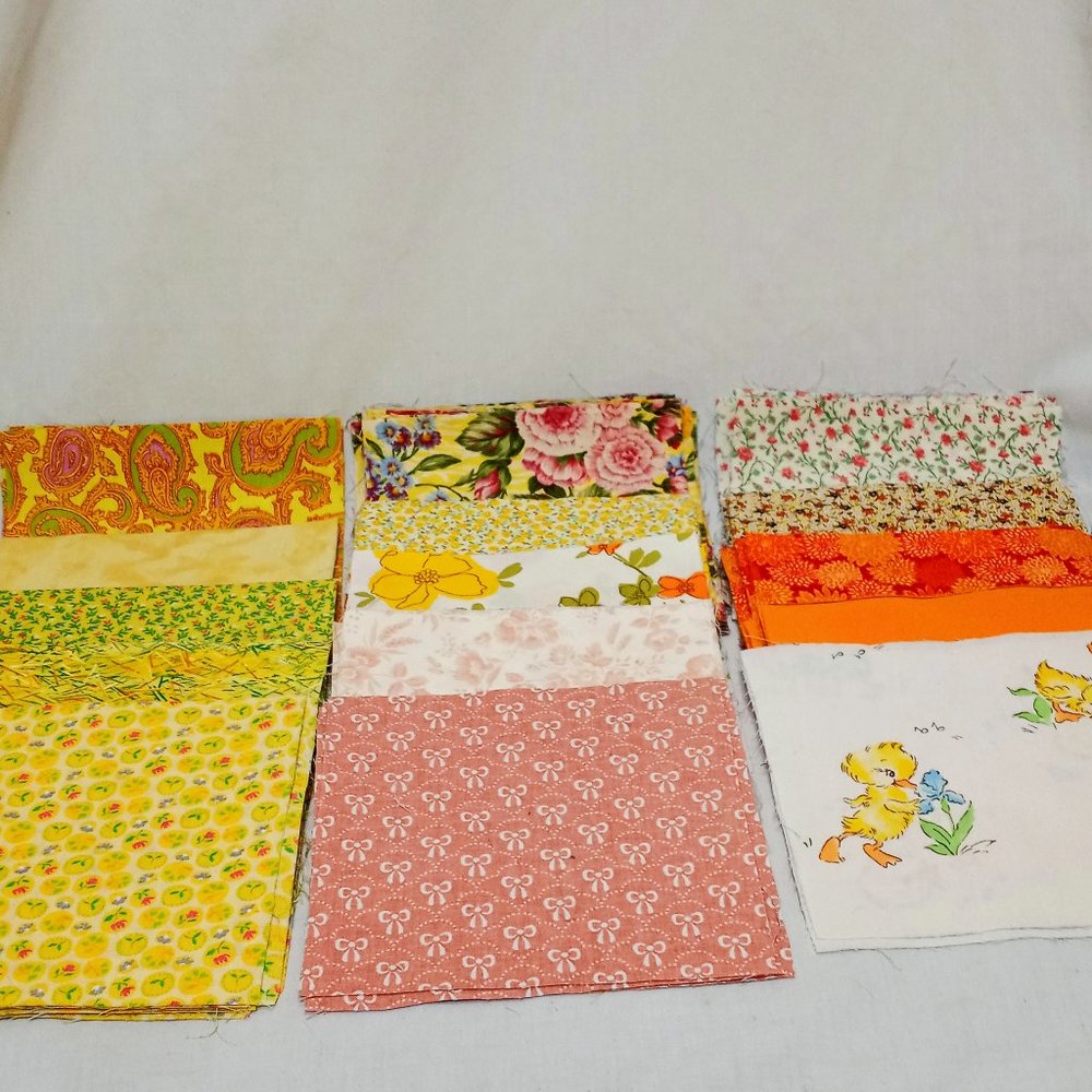 Lot 100 Pre Cut Cotton 5" Quilting Squares Flowers Bows Ducks Orange Yellow